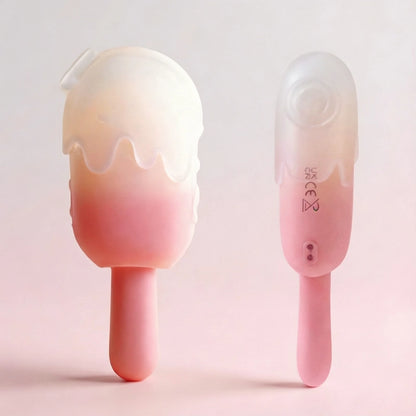 Accurate front and side view of the pink and white ombre ice cream toy, showing its full shape, proportions, and realistic design for size reference.