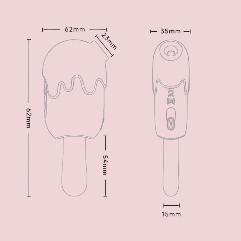 Life-size dimensions of our triple-action ice cream vibrator - see its perfect, discreet size for personal pleasure, combining clitoral suction, G-spot vibration, and pulsation in one ergonomic design.
