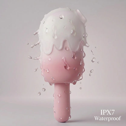 Close-up of the pink ice cream toy with water droplets glistening on its surface, demonstrating its IPX7 waterproof rating for easy cleaning and versatile use in the bath or shower.