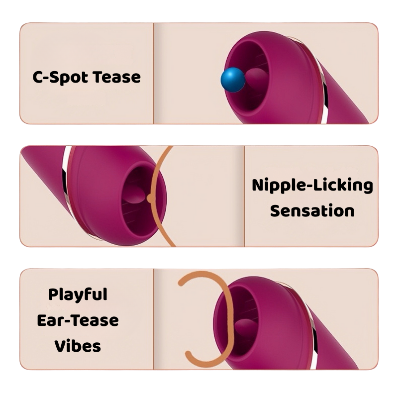 Three close-up shots of the lipstick tongue licker
demonstrating its versatile use for clitoral teasing, playful ear vibrations, and gentle nipple stimulation.