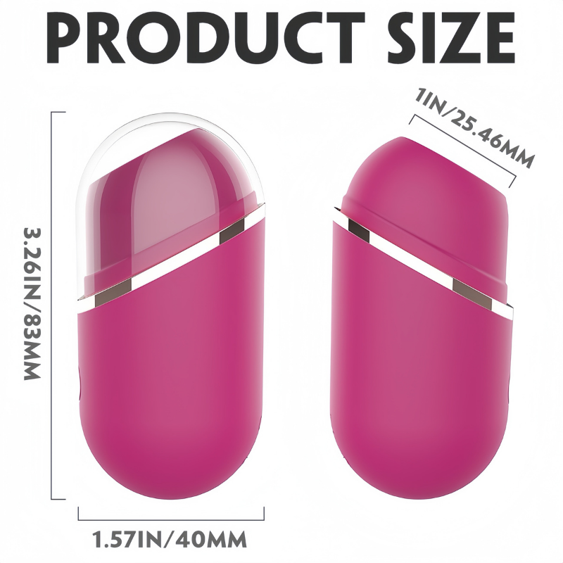 Precise product size dimensions for the lipstick stimulator, showing side views with measurements for both closed and opened positions, highlighting its compact and portable design.
