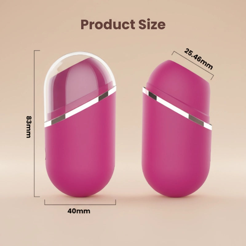 Precise product size dimensions for the lipstick stimulator, showing side views with measurements for both closed and opened positions, highlighting its compact and portable design.
