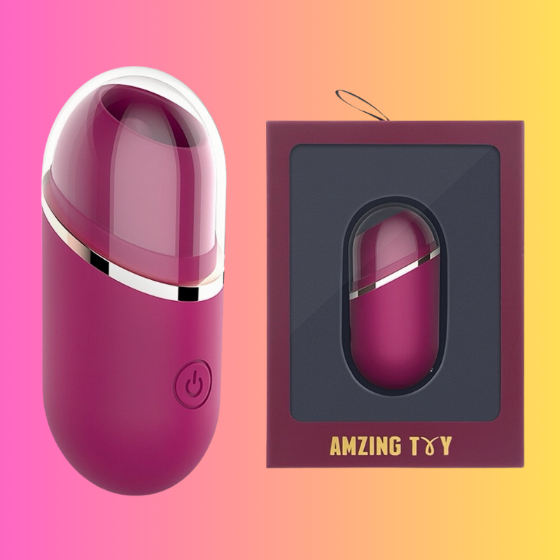 A discreet lipstick-shaped tongue licker stimulator with its included travel pouch. This portable and subtle design is perfect for on-the-go pleasure.