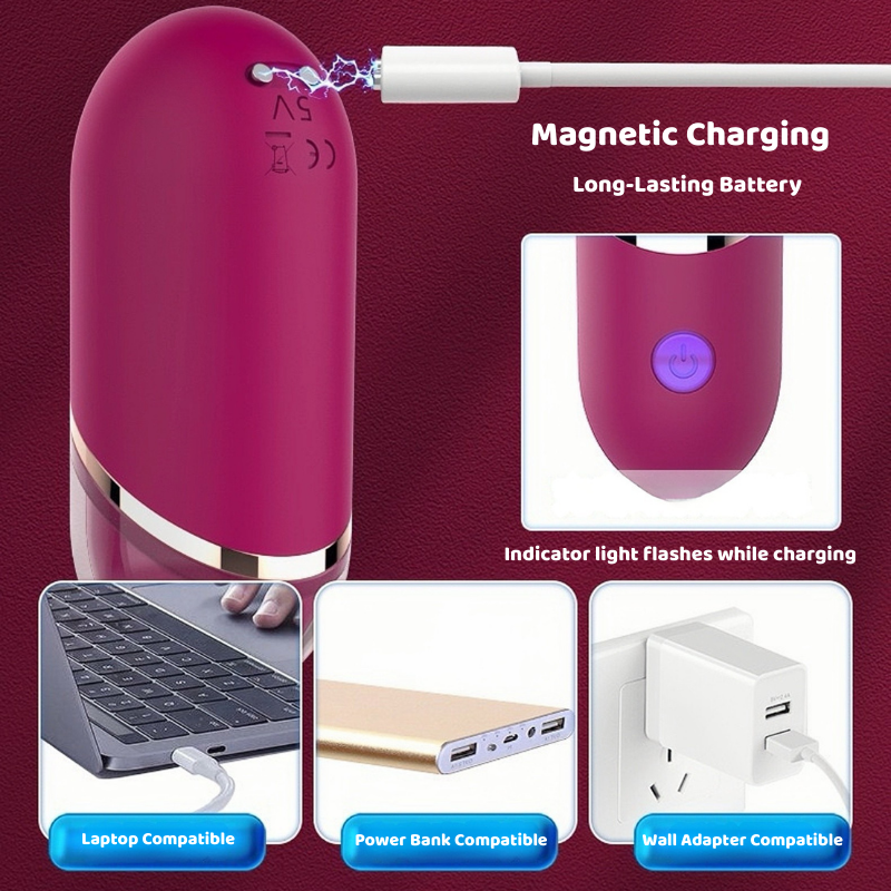 The lipstick stimulator with magnetic charging cable, showing a flashing indicator light. Features a long-lasting battery with universal compatibility for laptops, power banks, and wall adapters for hassle-free power.