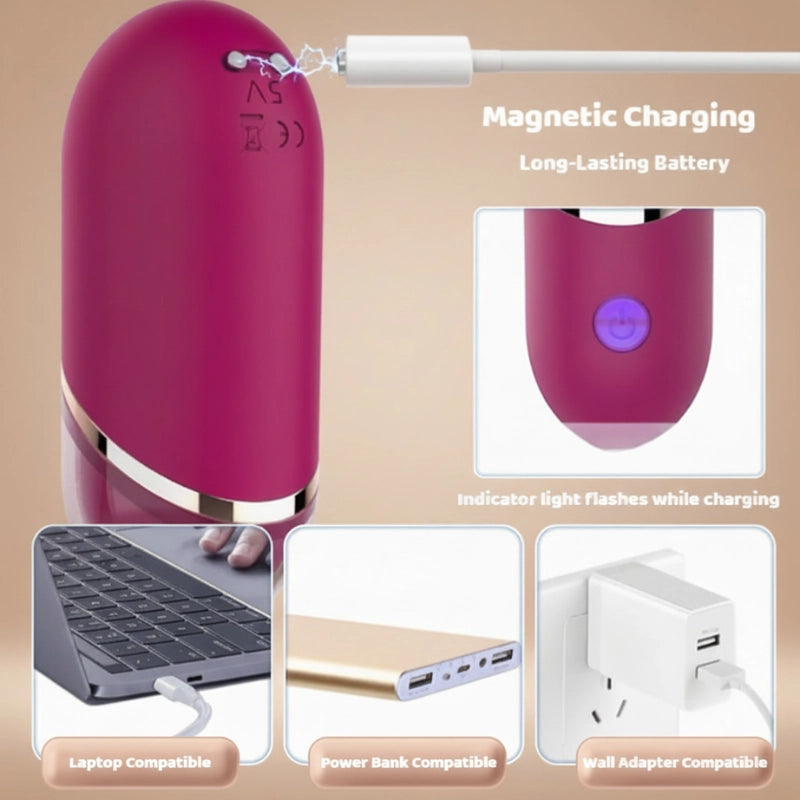 The lipstick stimulator with magnetic charging cable, showing a flashing indicator light. Features a long-lasting battery with universal compatibility for laptops, power banks, and wall adapters for hassle-free power.
