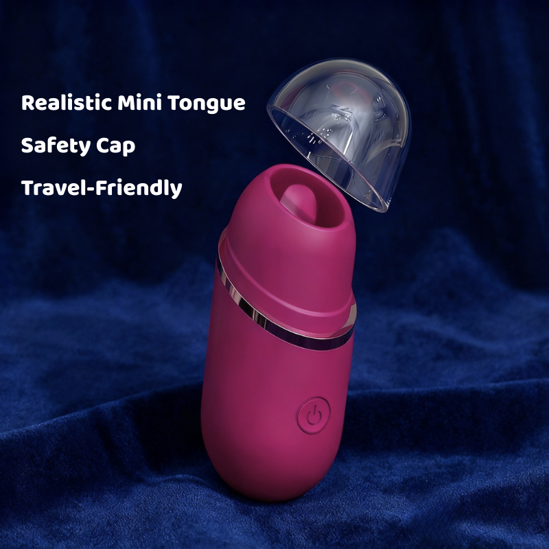 Front view of the opened lipstick licker, revealing a realistic mini tongue for stimulation. Features a protective safety cap and a travel-friendly design for ultimate discretion and hygiene on the go.