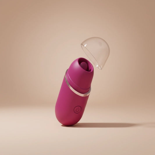 Front view of the opened lipstick licker, revealing a realistic mini tongue for stimulation. Features a protective safety cap and a travel-friendly design for ultimate discretion and hygiene on the go.
