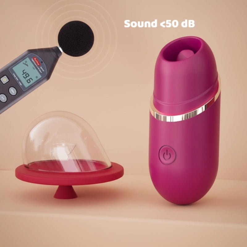 Sound level test showing the opened lipstick stimulator operating at only 49.6 dB, scientifically confirming its whisper-quiet operation for complete privacy and discreet use.
