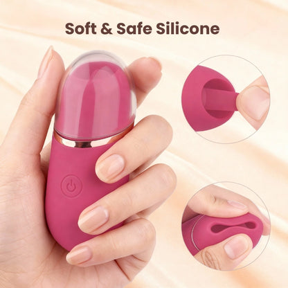 Close-up interaction demonstrating the lipstick stimulator's flexible tongue made from hypoallergenic, medical-grade silicone, showcasing its durability and easy-to-clean surface.

