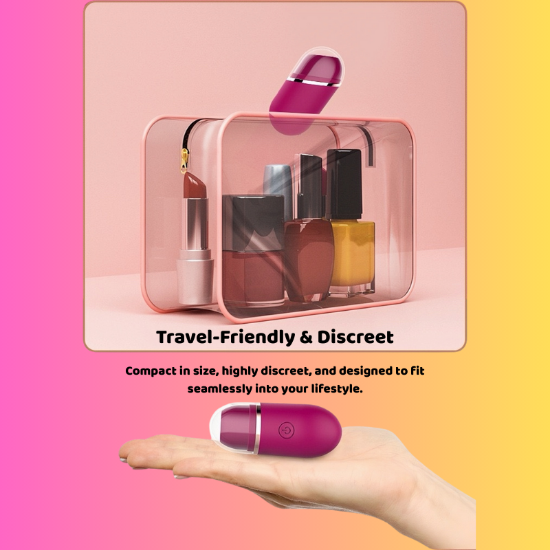 A hand placing the compact lipstick stimulator into its travel pouch, showcasing its highly discreet and travel-friendly design that fits seamlessly into any makeup bag for ultimate on-the-go privacy.