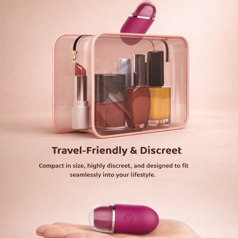 A hand placing the compact lipstick stimulator into its travel pouch, showcasing its highly discreet and travel-friendly design that fits seamlessly into any makeup bag for ultimate on-the-go privacy.
