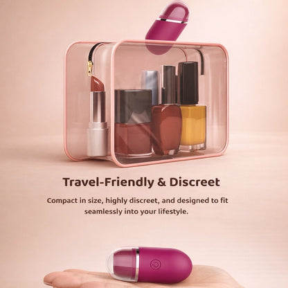 A hand placing the compact lipstick stimulator into its travel pouch, showcasing its highly discreet and travel-friendly design that fits seamlessly into any makeup bag for ultimate on-the-go privacy.
