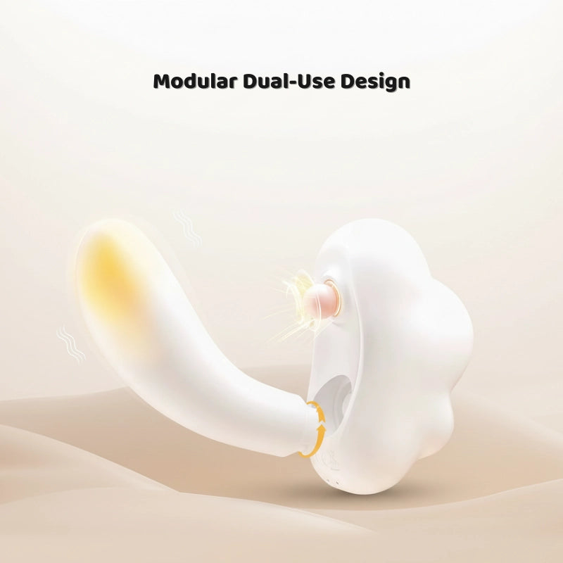 Mushroom and cloud-shaped dual stimulator: a detachable clitoral suction toy and vibrator combo. Shows product from a front-side angle and its modular separation feature.