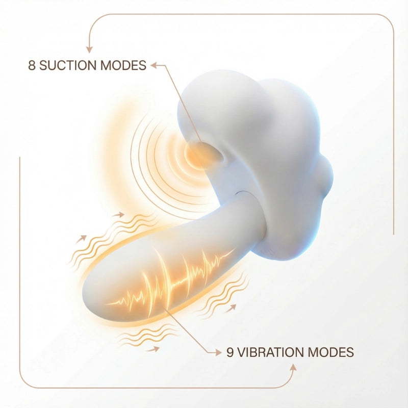 Mushroom and cloud-shaped dual-action toy featuring 8 suction and 9 vibration modes. This image shows the product's form and detachable design from an angled side perspective, highlighting its versatility for personalized clitoral stimulation.