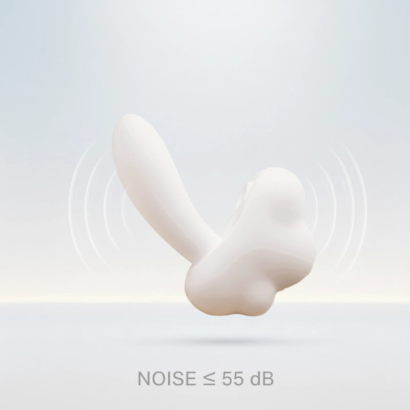 A lifestyle shot of the modern mushroom&cloud-shaped dual stimulator, photographed head-on. The text "NOISE <55DB" is prominently featured, emphasizing its whisper-quiet operation. This illustrates how the product provides powerful stimulation while maintaining discretion, perfect for shared spaces or use without disturbing a partner.