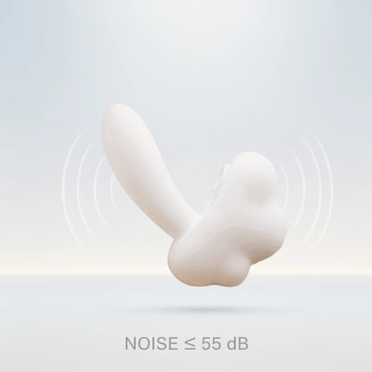 A lifestyle shot of the modern mushroom&cloud-shaped dual stimulator, photographed head-on. The text "NOISE <55DB" is prominently featured, emphasizing its whisper-quiet operation. This illustrates how the product provides powerful stimulation while maintaining discretion, perfect for shared spaces or use without disturbing a partner.