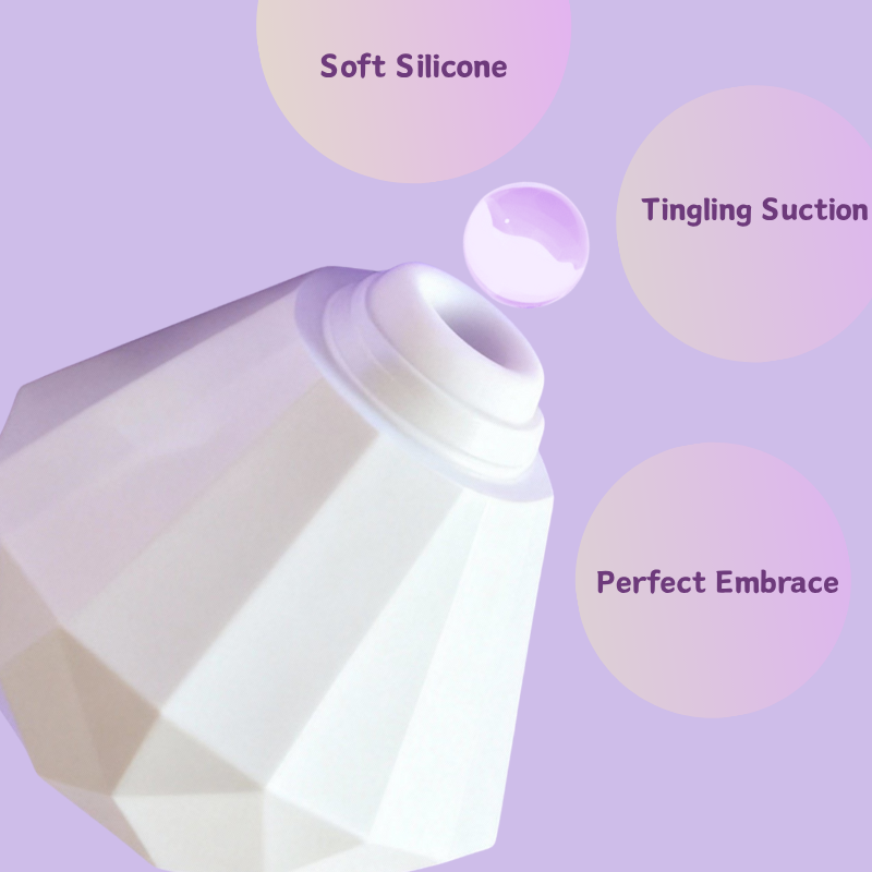Opened side view of the pearl white diamond stimulator, featuring body-safe soft silicone, targeted tingling suction waves, and an ergonomic design for a perfect and comfortable embrace.