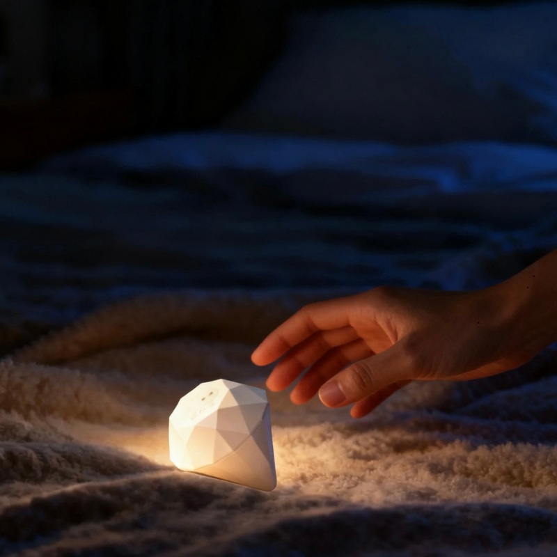 A hand reaches for the pearl white diamond stimulator resting on a soft plush blanket, capturing a moment of anticipation and showcasing its inviting and accessible design.