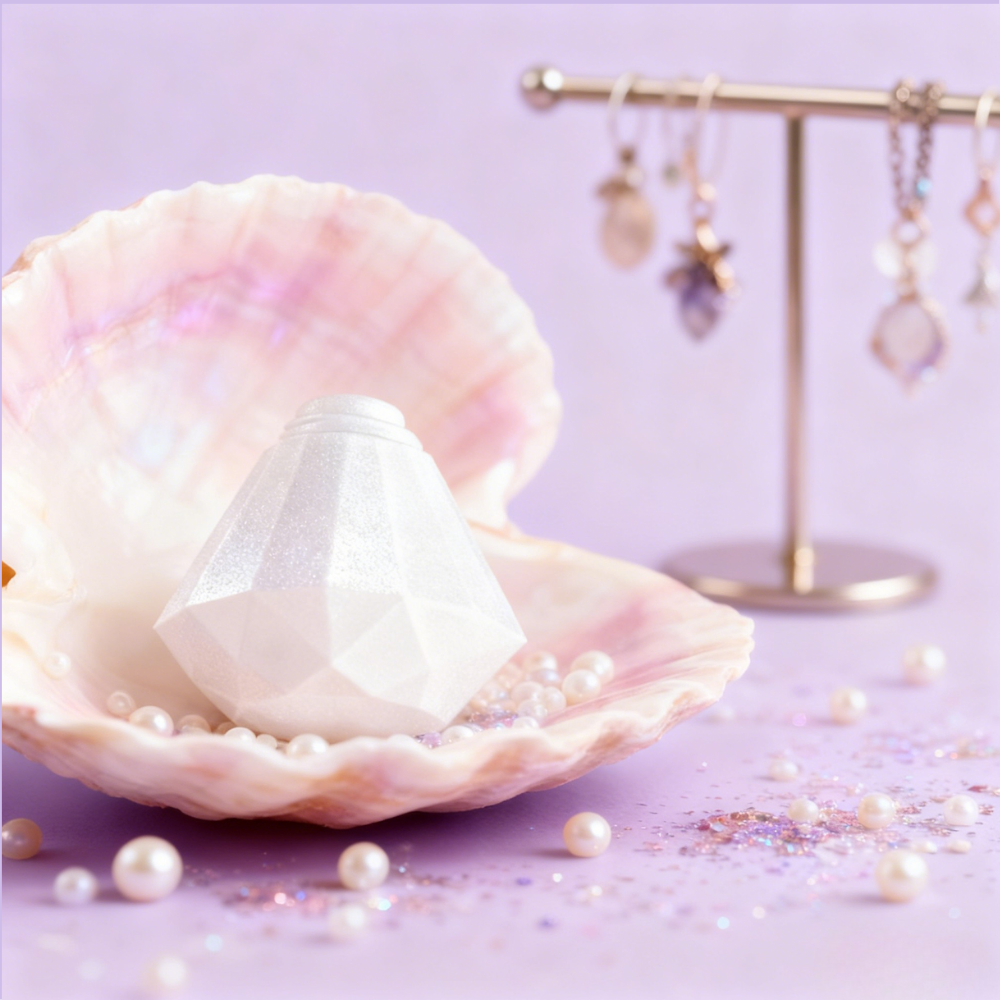 The pearl white diamond stimulator elegantly nestled inside a shell with pearls, presented as a luxurious and discreet jewelry-grade accessory for elegant storage.