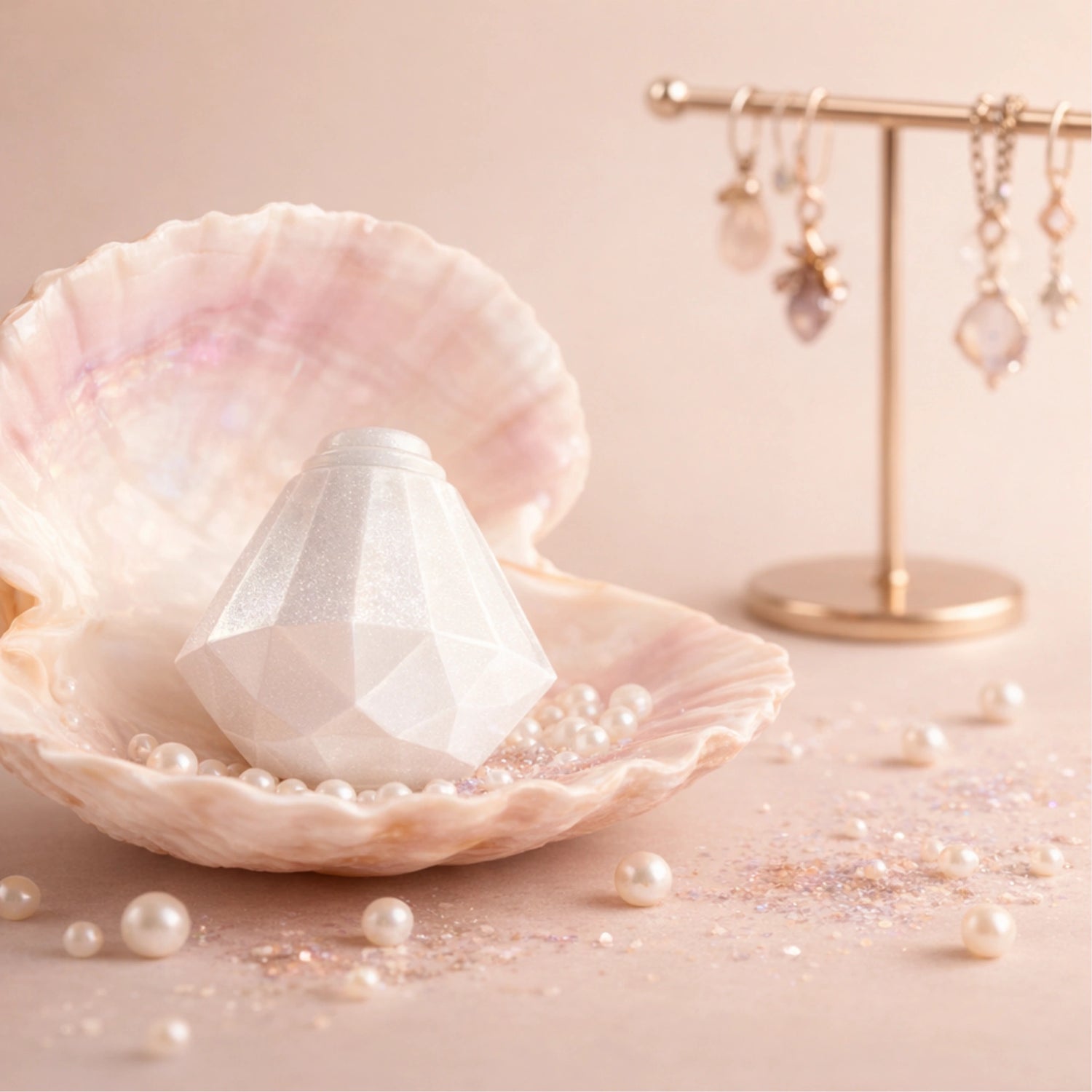 The pearl white diamond stimulator elegantly nestled inside a shell with pearls, presented as a luxurious and discreet jewelry-grade accessory for elegant storage.
