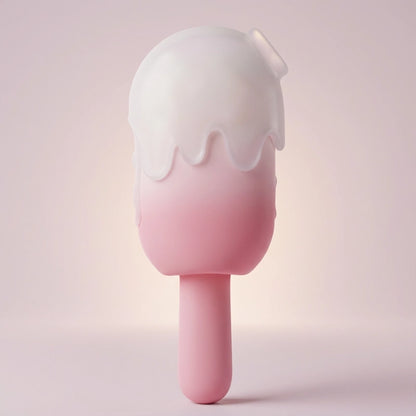A realistic pink and white ombre ice cream-shaped adult toy, featuring 3-in-1 suction, vibration, and thrusting functions.