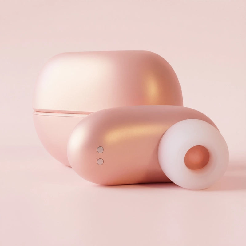 Close-up on the smooth, pink finish and cute design of the headphone-shaped device.