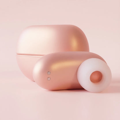 Close-up on the smooth, pink finish and cute design of the headphone-shaped device.