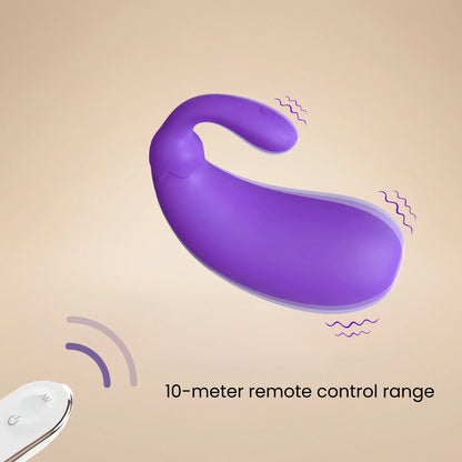 The purple mini eggplant vibrator shown with its remote control, highlighting multiple internal vibration points for customizable stimulation and hands-free operation.
