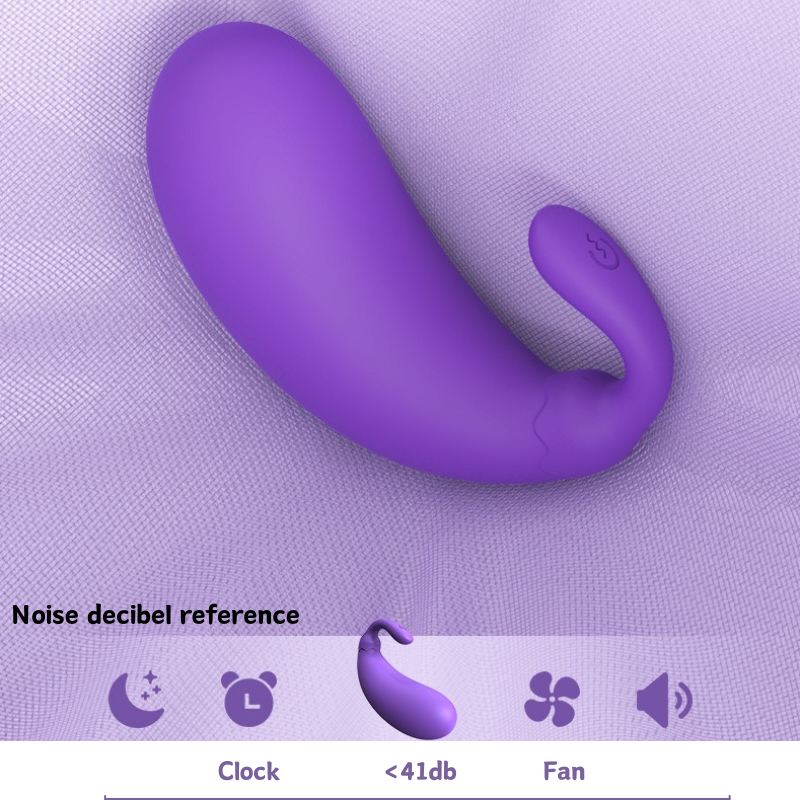 Sound comparison chart showing the mini eggplant vibrator at under 41dB, quieter than a whisper and a computer fan, ensuring discreet and private use.