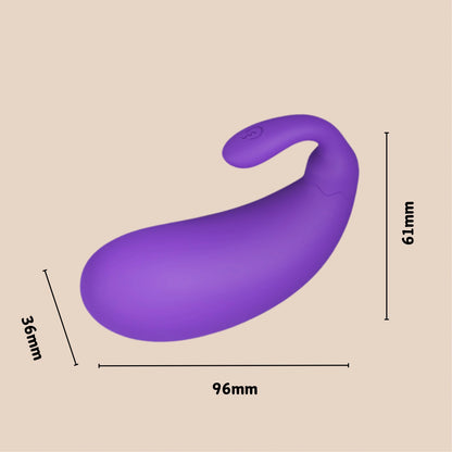 Precise dimension chart for the purple mini eggplant vibrator, showing its compact and portable size from a front view.
