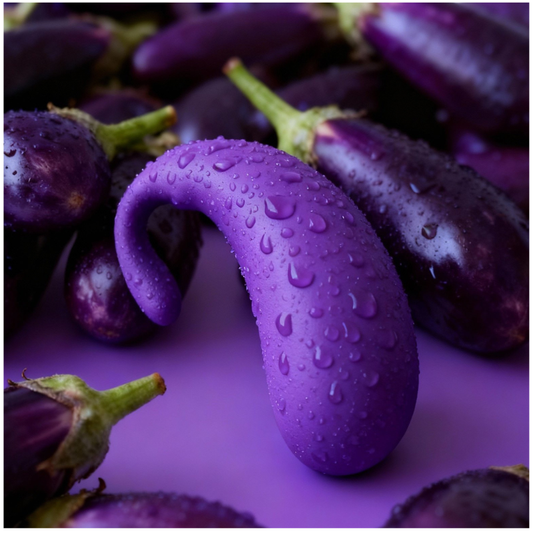 Fun and discreet purple mini eggplant vibrator with water droplets, surrounded by fresh eggplants. A waterproof and body-safe personal massager for playful pleasure.