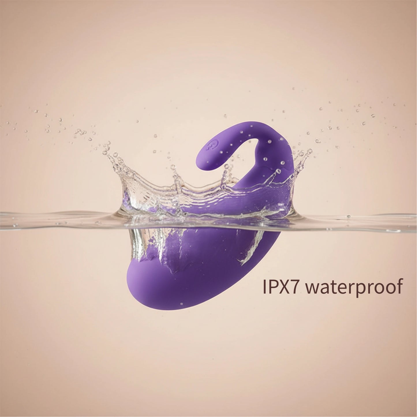 The purple mini eggplant vibrator suspended above water, with its base touching the surface, visually highlighting its waterproof feature for easy cleaning and bath-time fun.
