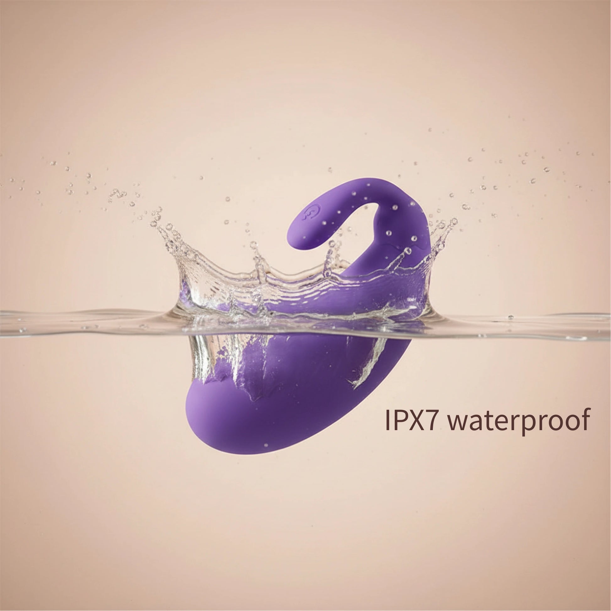The purple mini eggplant vibrator suspended above water, with its base touching the surface, visually highlighting its waterproof feature for easy cleaning and bath-time fun.

