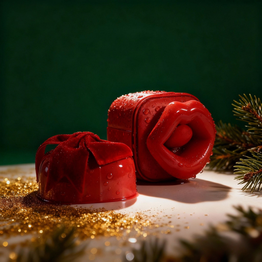 The red gift box stimulator opened to reveal its dual-action technology: a suction opening for clitoral stimulation and a flickering tongue for licking sensation.