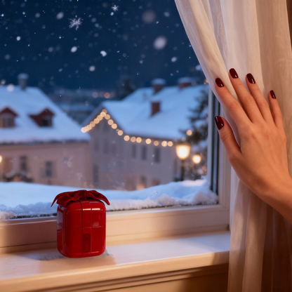 A hand pulls back a curtain to reveal the red gift box stimulator on a windowsill against a snowy backdrop, symbolizing private and intimate moments during the holiday season.