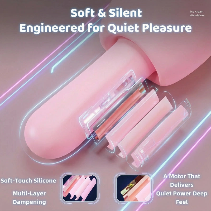 Close-up of the ice cream toy's base, featuring soft-touch silicone and multi-layer dampening technology for a powerful yet quiet experience.