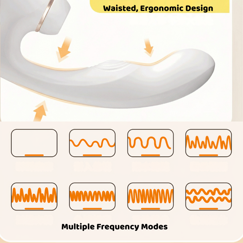 Side view of the white massager with arrows highlighting its waisted, ergonomic design for targeted comfort, alongside a waveform diagram indicating multiple frequency modes for customizable stimulation.