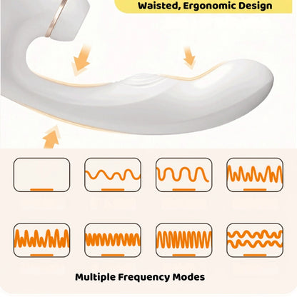 Side view of the white massager with arrows highlighting its waisted, ergonomic design for targeted comfort, alongside a waveform diagram indicating multiple frequency modes for customizable stimulation.