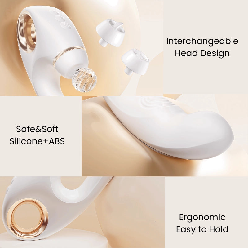 Detailed close-ups of the white massager: an interchangeable head for customizable clitoral stimulation, made from body-safe soft silicone and ABS, with an ergonomic base for a secure, easy grip.