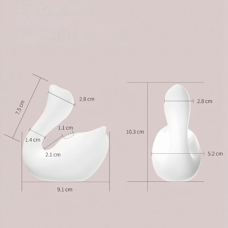 Detailed dimensions and size chart for the white swan massager, showing precise front and side views with measurements.